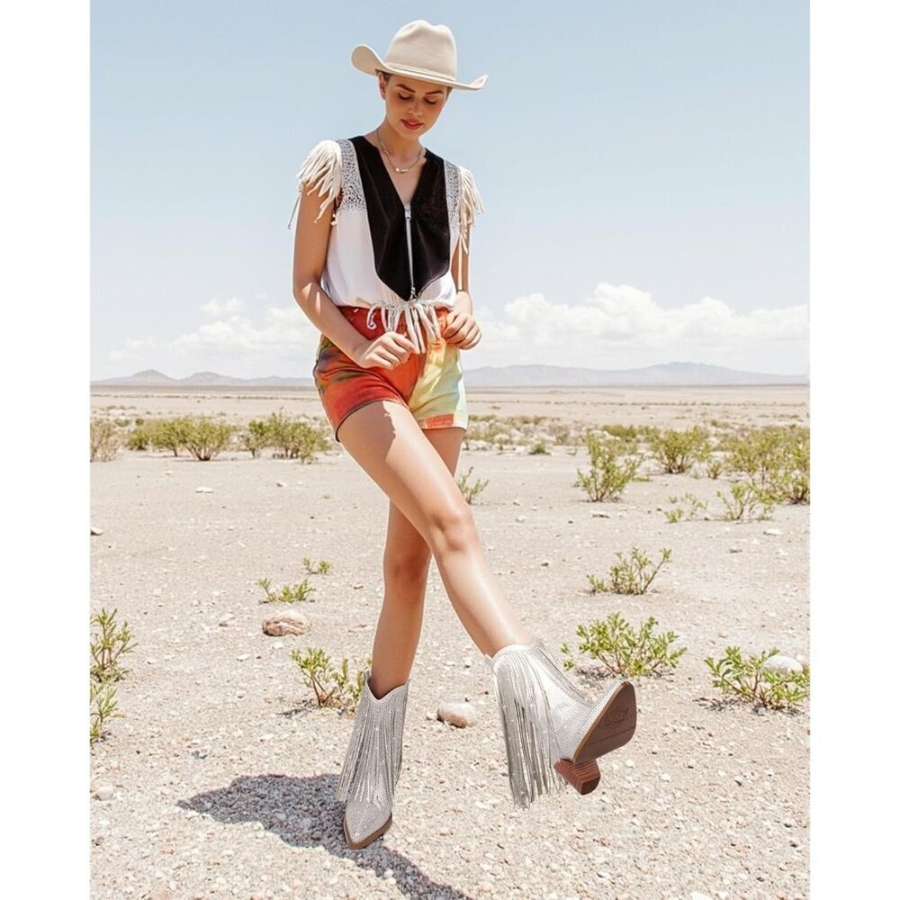 Women's Silver Cowgirl Rhinestone Western Boots with Sparkly Fringe Pointed Toe - Picture 2 of 6